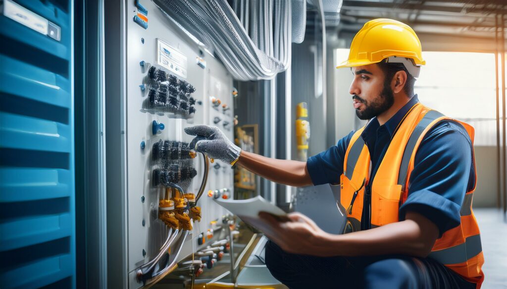 En tekniker som granskar en byggnads tekniska installationer för att förbereda sig för att hantera avbrott