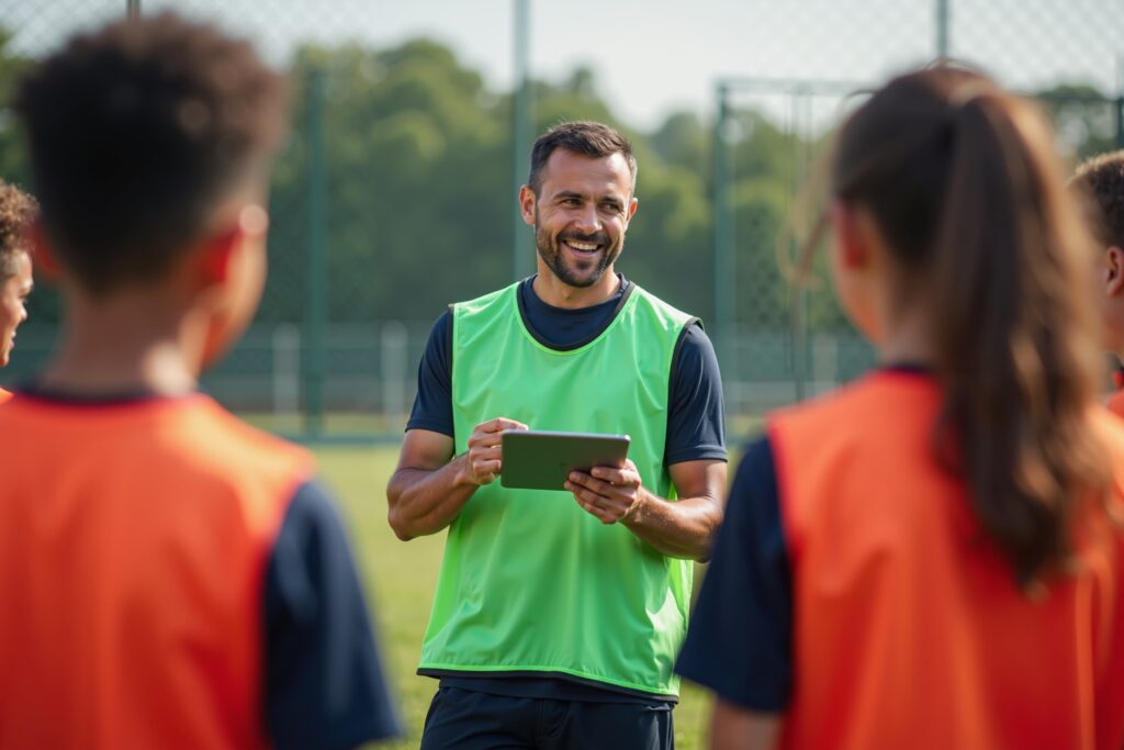 En man på en fotbollsplan som coachar ungdomar i fotboll. Mannen ler och ungdomarna står och lyssnar på honom.